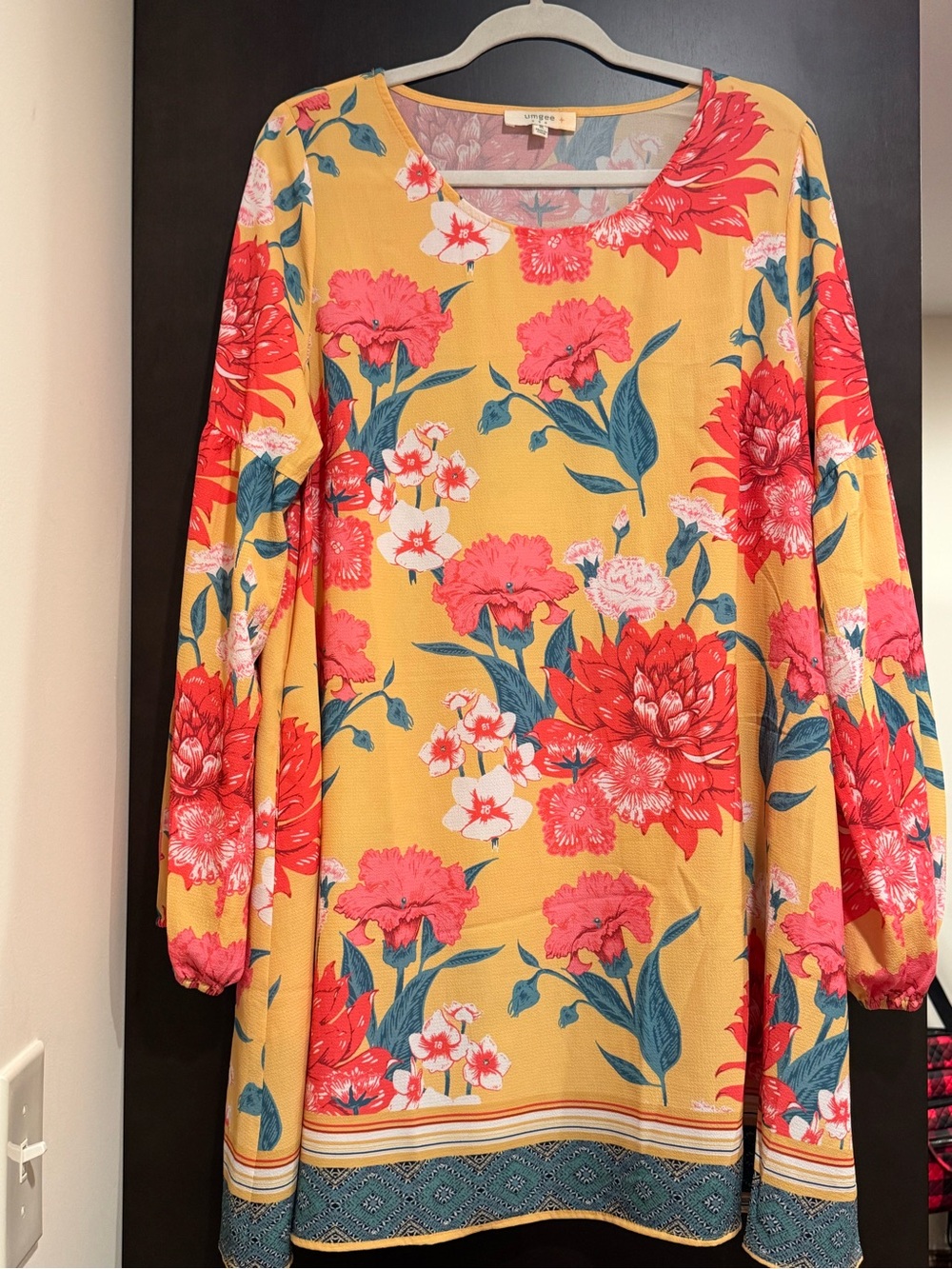 UMGEE + Mustard Floral Long Sleeve Tunic Dress with Coral and Teal Accents